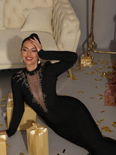 Modphy Black Elegant Mesh Splice Pearl Decor Bandage Dress, Long Sleeve Round Neck Formal Evening Gown